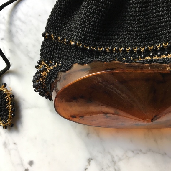 SOLD : VTG 40s Crochet & Bakelite Drawstring Purse - Picture 2 of 5